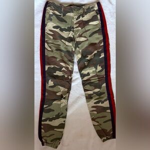 MOTHER The No Zip Misfit Camouflage Straight Leg Pants with Red and Navy Stripe